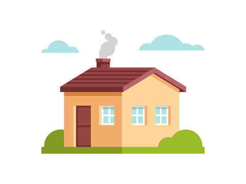 Vector illustration in flat style isolated on white background. House on the background of nature. Small house with a red roof. Clipart for web page, banner, flyer