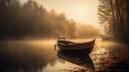 Fototapeta na wymiar Boat sits on the shore of a foggy river. Generative AI