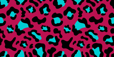 Multicolored Leopard Seamless Pattern. Pink background and blue spots. Viva Magenta. Long rectangular print