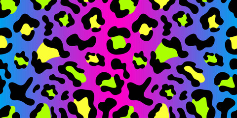 Fototapeta na wymiar Rainbow neon leopard seamless pattern. Rainbow background, black and green spots. Long rectangular print