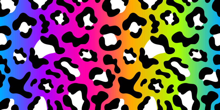 Rainbow neon leopard seamless pattern. Rainbow background, black and white spots. Long rectangular print