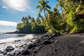 a beautiful view of nature on a  black sand beach. Generative AI 