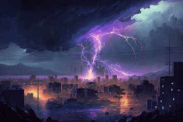 Fantasy landscape with city and thunderstorm