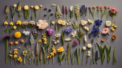 Flowers arranged in a tidy way, a knolling of flowers, or a single flower flatlay, generative ai