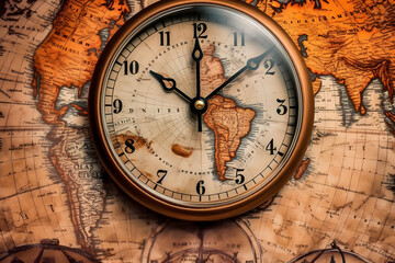 Vintage World map International Clock time zones ai generated art Generative AI