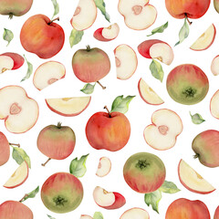 Hand drawn watercolor apple fruits, ripe, full and slices red and green with leaves. Seamless pattern. Isolated object on white background. Design for wall art, wedding, print, fabric, cover, card.