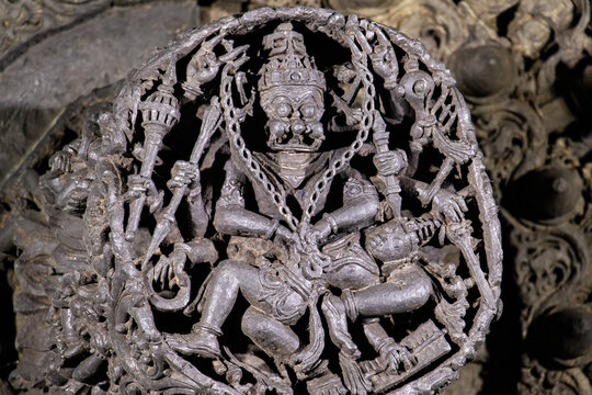 Sculptures created by Hosysala dynasty in 12 Century at Belur Temple in Karnataka India