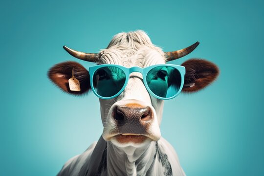 a cow decked up in shades and sporting a tag on its ear. Generative AI