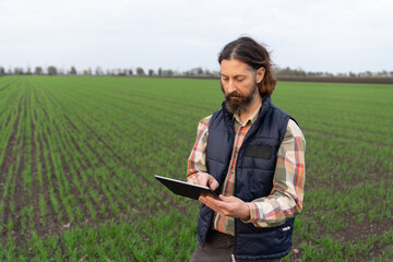 Naklejka na ściany i meble Farmer with digital tablet in young wheat field. Smart farming and digital agriculture 