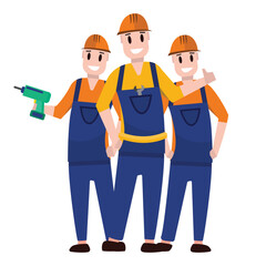 builders, handymen, repairmen in helmets. male builders dressed in work clothes, construction overalls stand in group.satisfied joyful builders. cartoon characters.