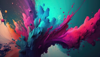 Abstract background with chaotic colored paint splashes. Generative AI.