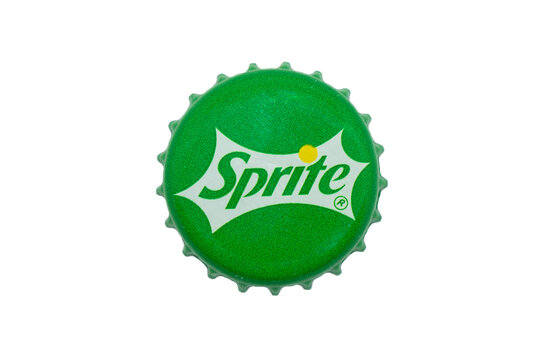 Yerevan, Armenia, May 20, 2023: Sprite soft drink cap laying on white table. Sprite logo and sign