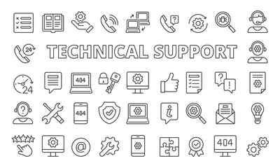 Set of Technical support icons in line design. Computer support,Tech support, IT helpdesk, Hardware repair. Technical support vector illustrations. icons isolated on while background vector - obrazy, fototapety, plakaty