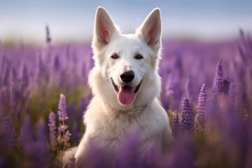 Portrait of a beautiful white Swiss shepherd dog sitting in a lavender field. Generative AI 