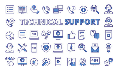 Set of Technical support icons in line design blue. Computer support,Tech support, IT helpdesk, Hardware repair. Technical support vector illustrations. icons isolated on while background vector