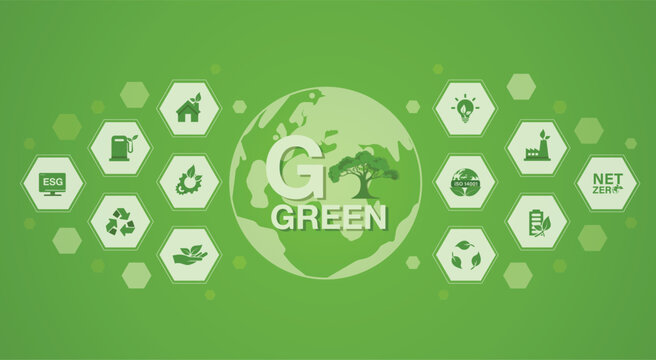 Green natural environmental icons. Ecology. Nature. Net zero. Negative and net neutral emissions concept. Set a target with a green square icon in the middle.