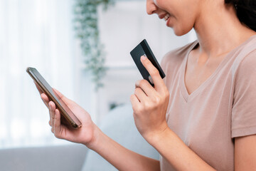 Contented young woman eagerly makes an online purchase using her smartphone. E-commerce business,...