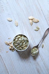 Pumpkin seeds. Stock Foto Top view.