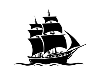 Old Ship Vector illustration. Pirates. Sailing vessel. Historical vessel. Antique ship. Sea-faring. Seaborne transportation. Seafaring