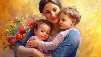 Painted image of a young mother holding her kids, parenthood, mother's day