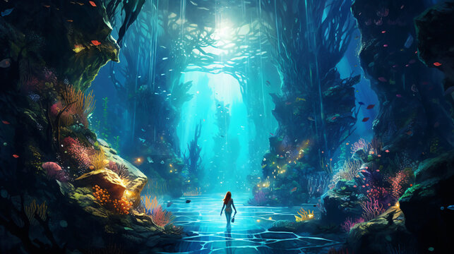 Background with a cave underwater. Generative AI