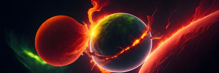 background explosion collision of two planets in the sky	(red and green)