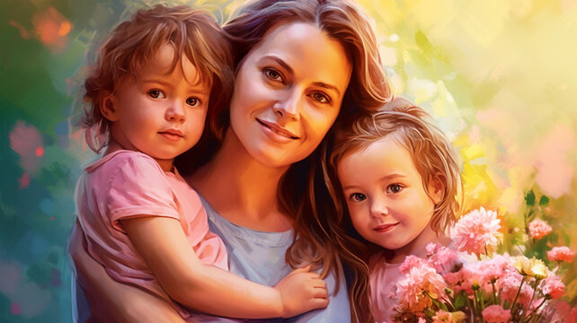 Painted image of a young mother holding her kids, parenthood, mother's day
