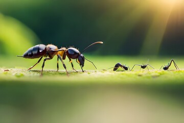 Black ants eating honey drop. Concept of teamwork or hardworking or unity. Generative AI