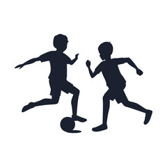 Black silhouette of children plying football  isolated on transparent background