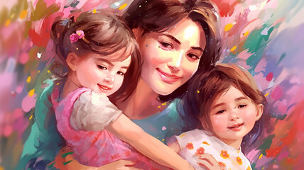 Painted image of a young mother holding her kids, mother's day