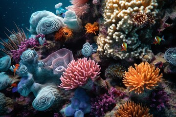 Whispers of Nature: Flowers on Corals in the Blue Sea, Generative AI
