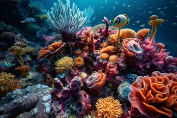 Naklejka na ściany i meble Whispers of Nature: Flowers on Corals in the Blue Sea, Generative AI