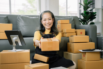 Asian SMEs woman holding parcels and looking to camera, siting among several boxes in home office.