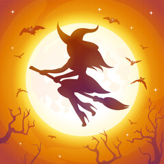 Halloween night background with Moon and Black silhouette sexy witch on a broomstick.