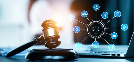 Smart law, legal advice icons and lawyer working tools in the lawyers office showing concept of digital law and online technology of astute law and regulations . - obrazy, fototapety, plakaty