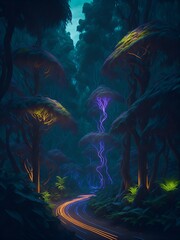 Fototapeta na wymiar Jungle Fun Art Print AI Digital Art with Colorful Light Dense and Vibrant Flora, Downloadable Wall Decor