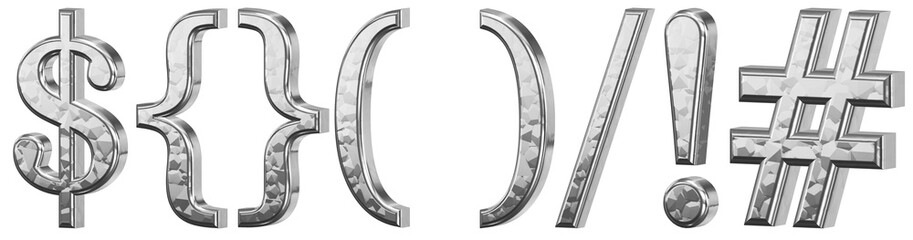 3d letter font luxury silver $, {}, (), /, !, #