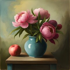 still life with flowers and apple