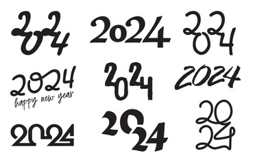 Set of 2024 Happy New Year logo. 2024 Year symbols. 2024 number design template. Brochure design template, card, banner. Hand drawn lettering. Vector illustration. Isolated on white background.
