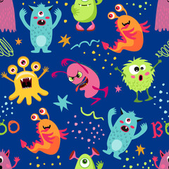 Fototapeta premium Seamless pattern with funny monsters. Cute cartoon creatures on dark background. Texture for kids apparel, fabric, textile, wrapping. Vector illustration