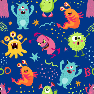 Seamless pattern with funny monsters. Cute cartoon creatures on dark background. Texture for kids apparel, fabric, textile, wrapping. Vector illustration © EVGENIY