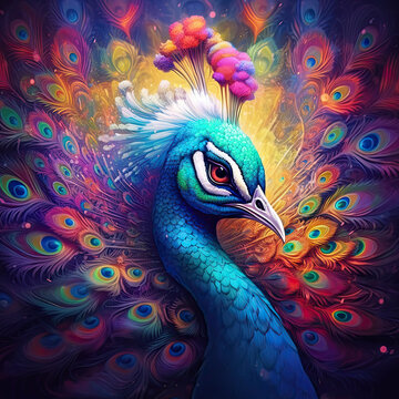 Colourful neon peacock. AI generated