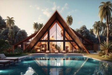 This villa has a swimming pool and modern tropical luxury design. (Illustration, Generative AI)