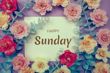 Happy Sunday typography text and flower decorate on purple background