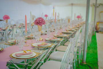 Pink and Purple Wedding Decoration with Gold Chairs