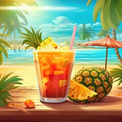 In summer beach background, drink pineapple cocktail. (Illustration, Generative AI)