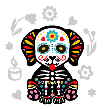 Day of the Dead, Dia de los muertos, animal skull and skeleton decorated with Mexican elements and flowers. Puppy skeleton. Dog skeleton. Fiesta, Halloween, holiday poster, party. Vector illustration