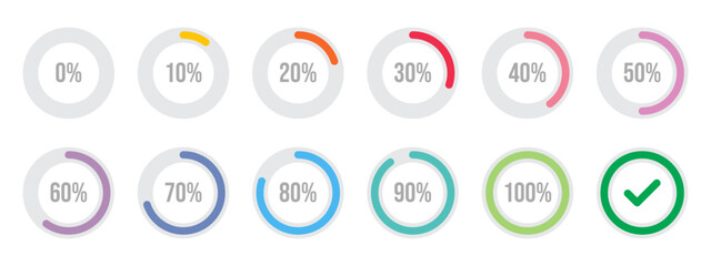 Circle loading and circle progress collection. Set of circle percentage diagrams for infographics, 0 10 20 30 40 50 60 70 80 90 100 percent. Infographic colorful circles.