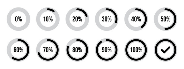 Circle loading and circle progress collection. Set of circle percentage diagrams for infographics, 0 10 20 30 40 50 60 70 80 90 100 percent. Infographic circles in black and grey color. - obrazy, fototapety, plakaty
