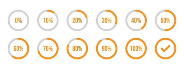 Circle loading and circle progress collection. Set of circle percentage diagrams for infographics, 0 10 20 30 40 50 60 70 80 90 100 percent. Infographic circles in orange and grey color.